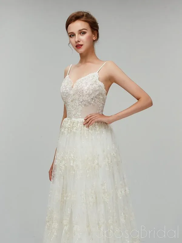 Sexy Long A-line Spaghetti Strap Backless Lace Wedding Dress, WD0046
