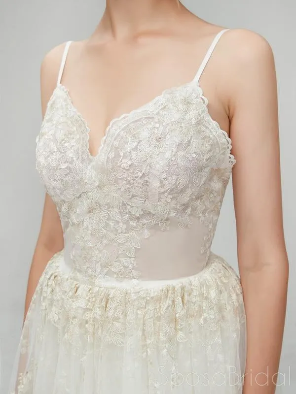 Sexy Long A-line Spaghetti Strap Backless Lace Wedding Dress, WD0046