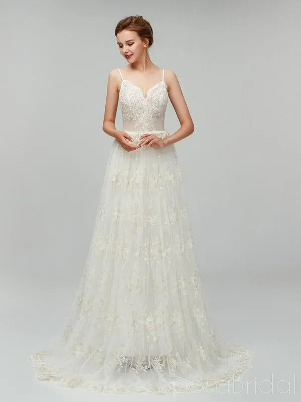 Sexy Long A-line Spaghetti Strap Backless Lace Wedding Dress, WD0046