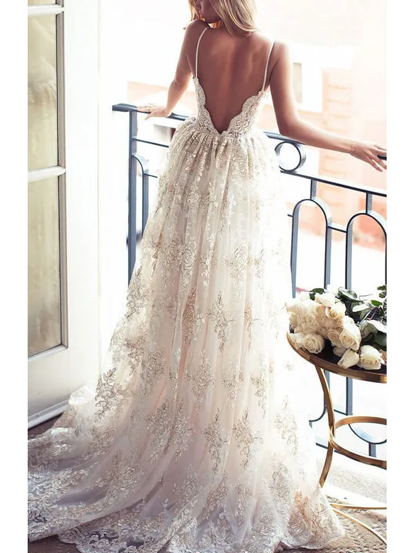 Sexy Long A-line Spaghetti Strap Backless Lace Wedding Dress, WD0046