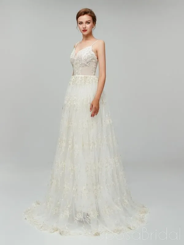 Sexy Long A-line Spaghetti Strap Backless Lace Wedding Dress, WD0046