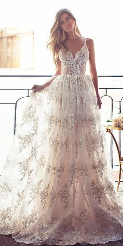 Sexy Long A-line Spaghetti Strap Backless Lace Wedding Dress, WD0046