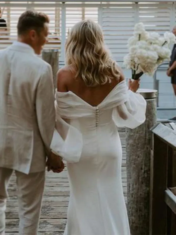 Sexy Off-shoulder Off-white Middle-slit Long Sleeves Long Train Mermaid Wedding Dress, WD3073