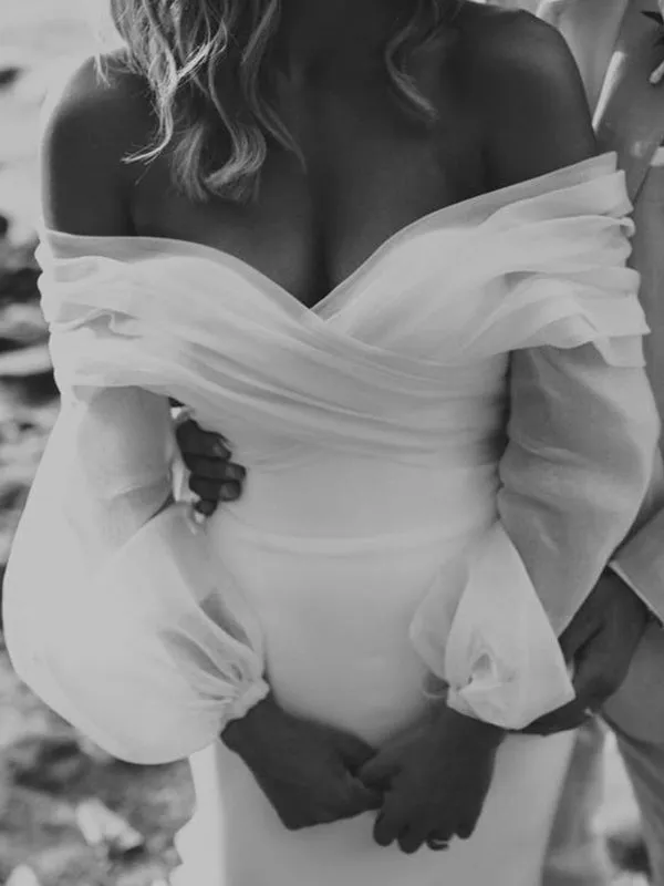 Sexy Off-shoulder Off-white Middle-slit Long Sleeves Long Train Mermaid Wedding Dress, WD3073
