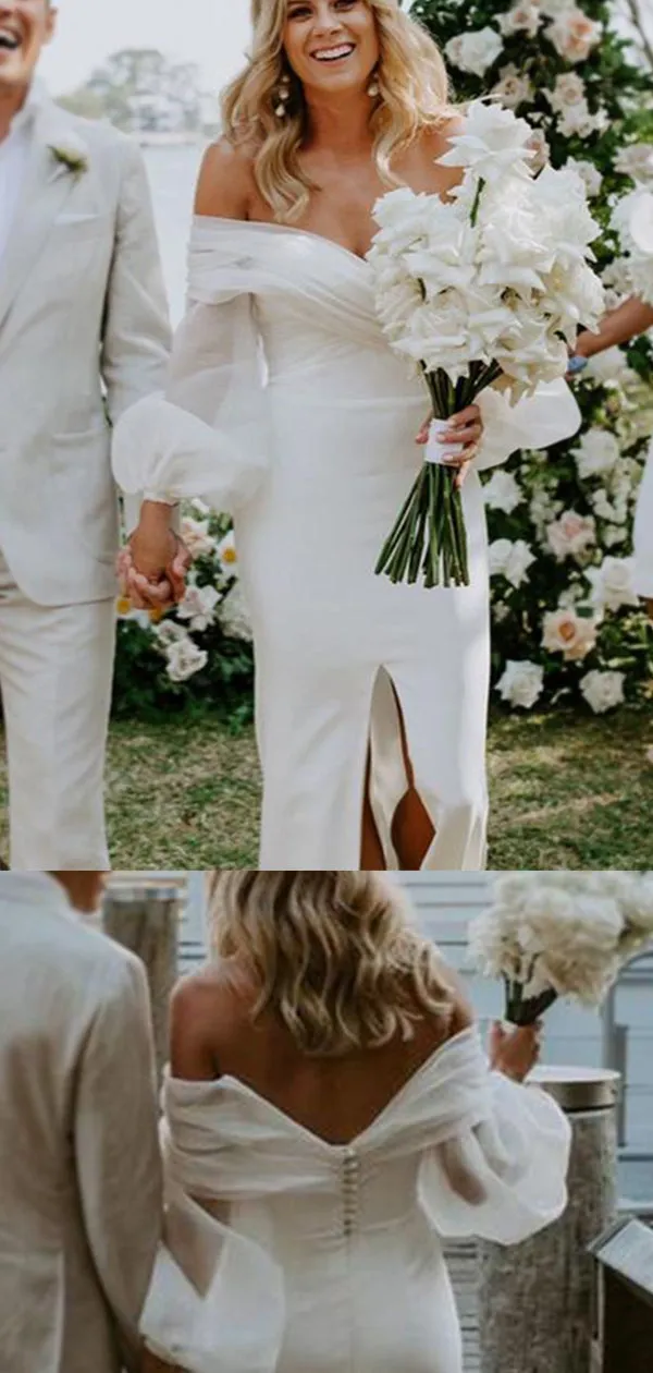 Sexy Off-shoulder Off-white Middle-slit Long Sleeves Long Train Mermaid Wedding Dress, WD3073