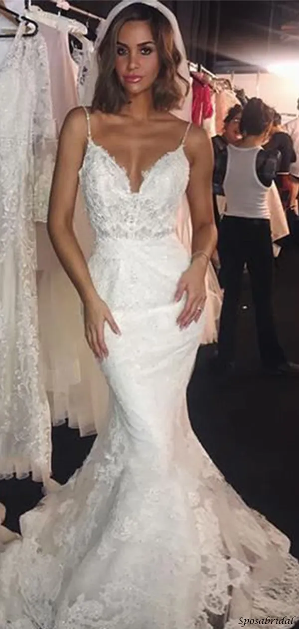 Sexy Spaghetti Strap V-neck Lace Open-back Long Tail Mermaid Wedding Dress, WD3066