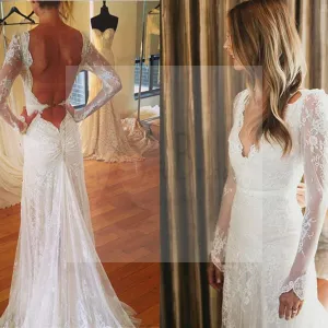 Sexy V-neck Open Back Mermaid Long Sleeve White Lace Tulle Wedding Party Dresses, WD0012
