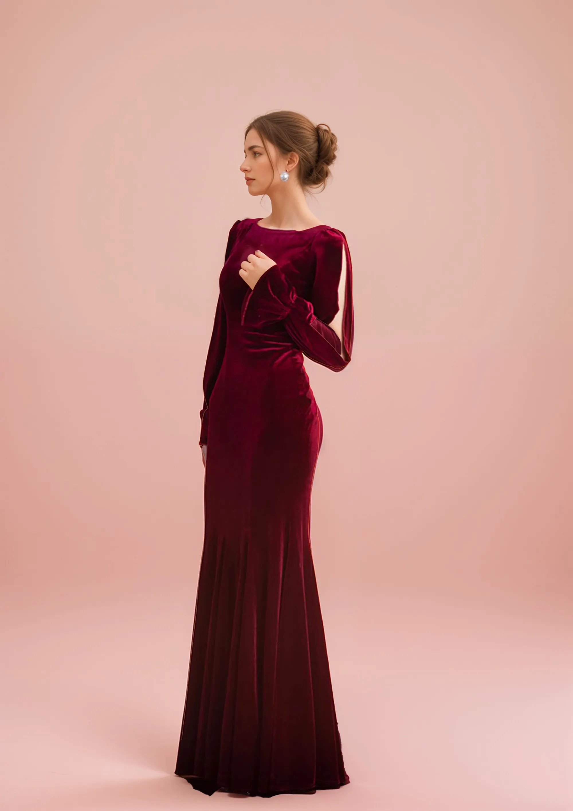 Sheath Velvet Prom Dress with Ruffled Open Long Sleeves and Hollow Back