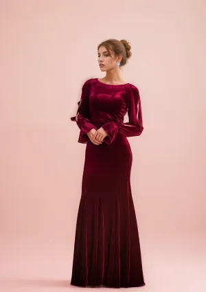Sheath Velvet Prom Dress with Ruffled Open Long Sleeves and Hollow Back