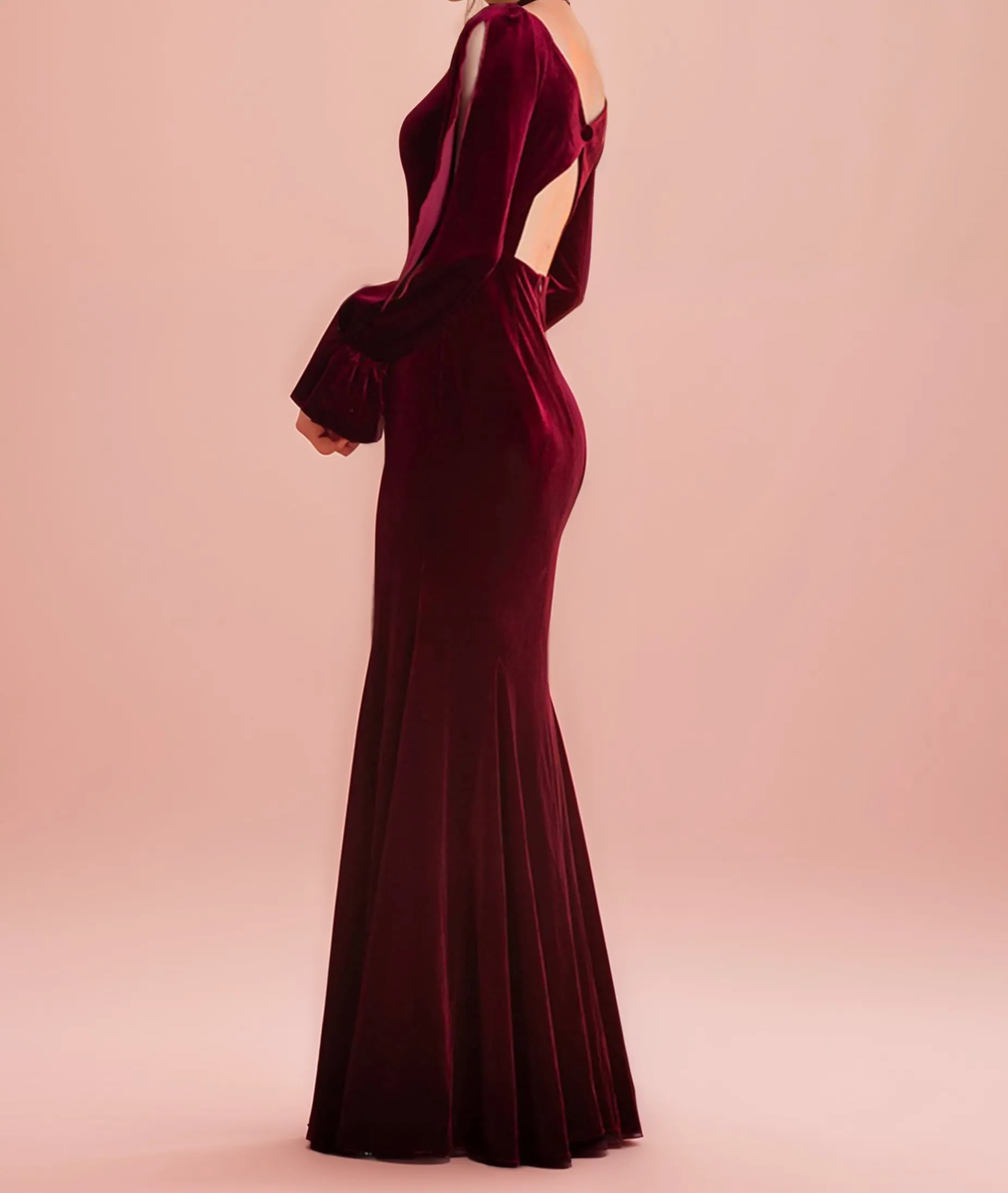 Sheath Velvet Prom Dress with Ruffled Open Long Sleeves and Hollow Back