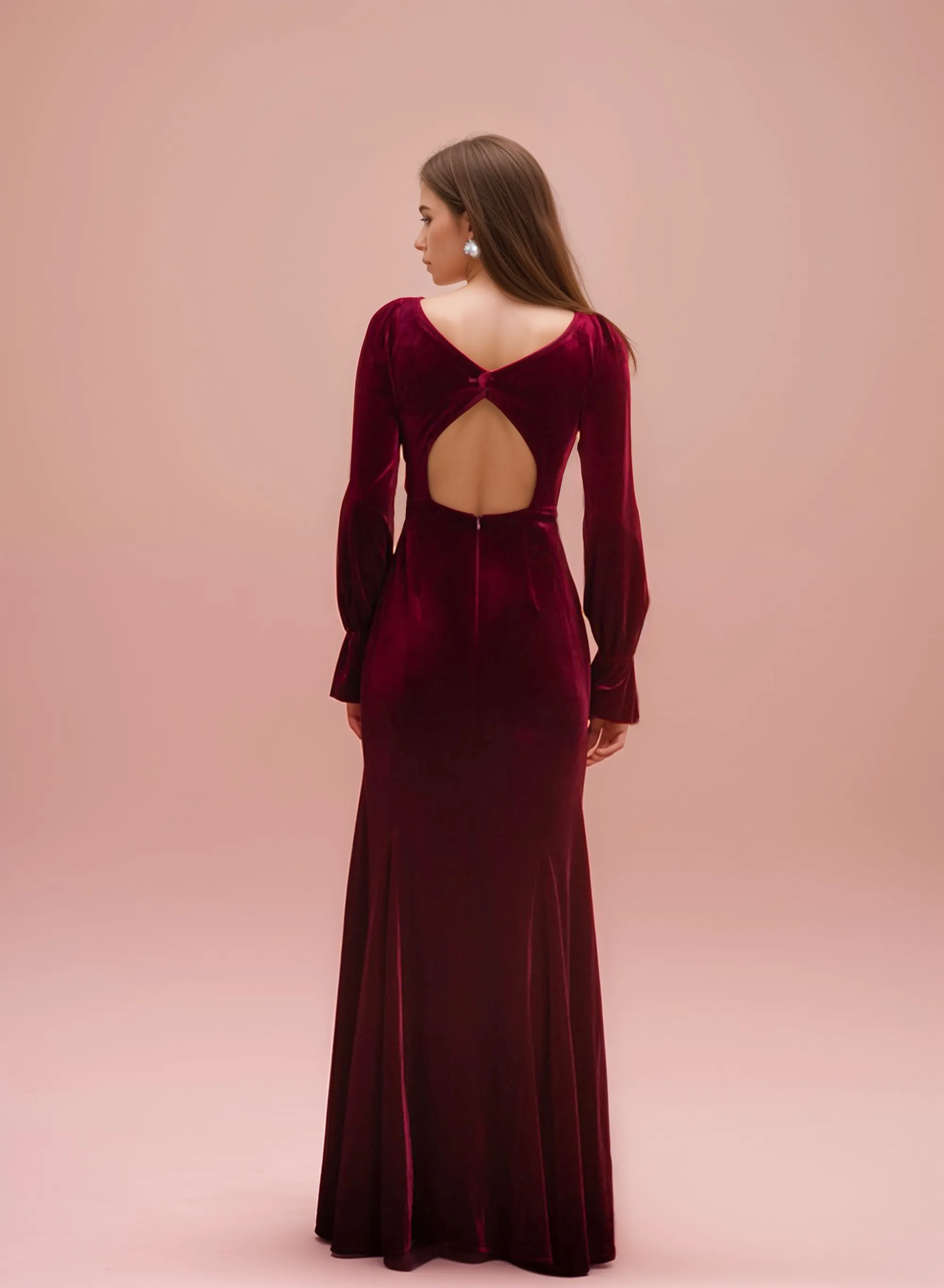 Sheath Velvet Prom Dress with Ruffled Open Long Sleeves and Hollow Back