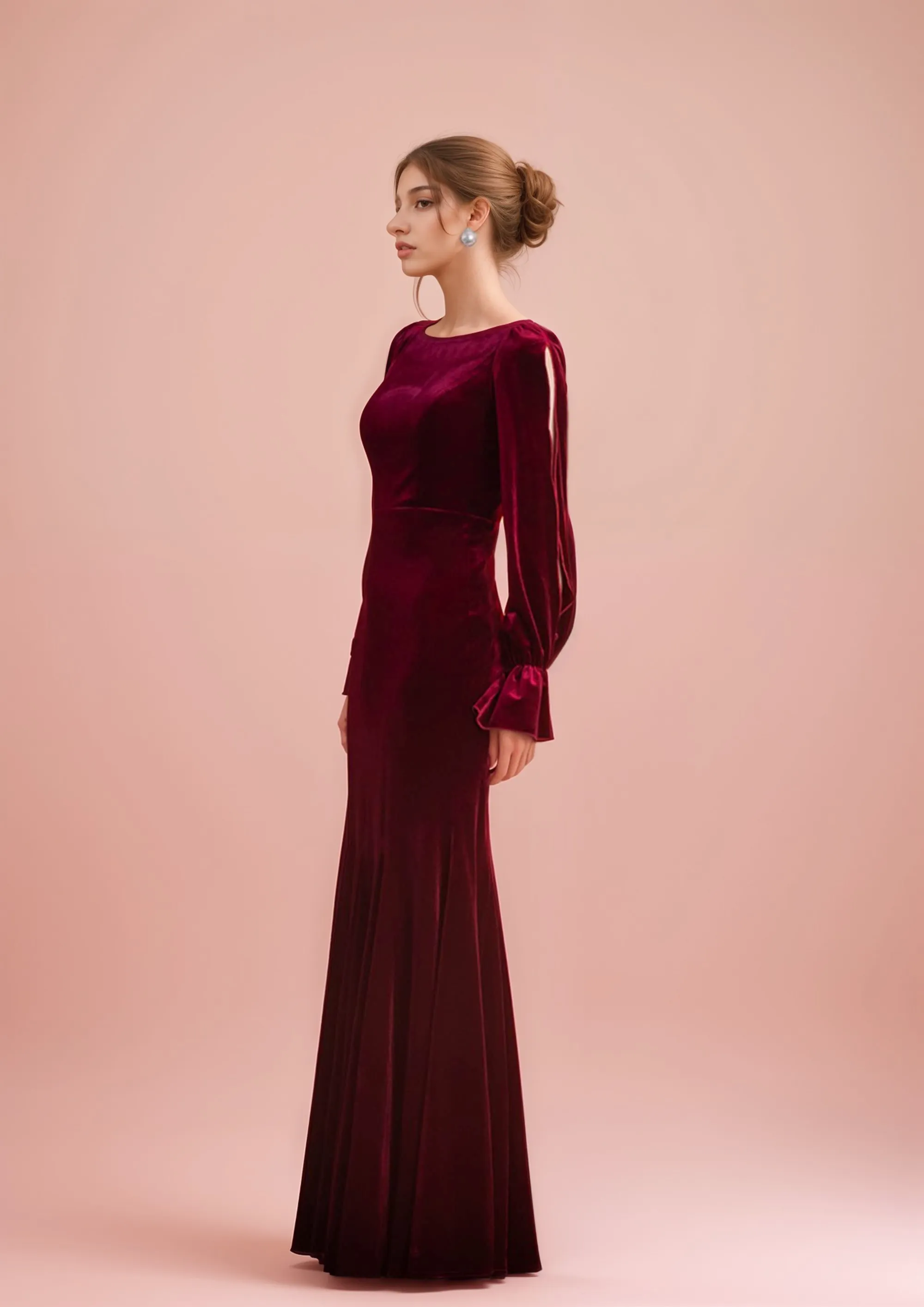 Sheath Velvet Prom Dress with Ruffled Open Long Sleeves and Hollow Back