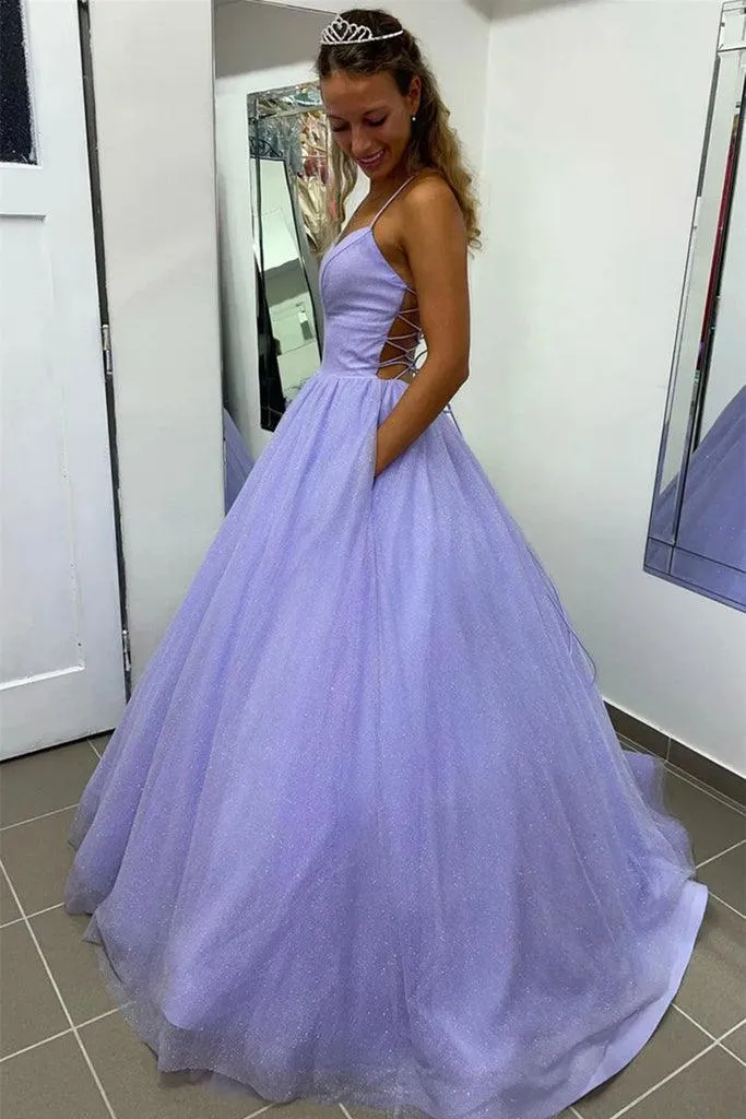 Shiny Lavender A Line V Neck Tulle Prom Formal Dress With Pocket PSK367