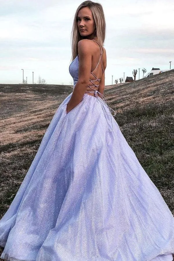 Shiny Lavender A Line V Neck Tulle Prom Formal Dress With Pocket PSK367