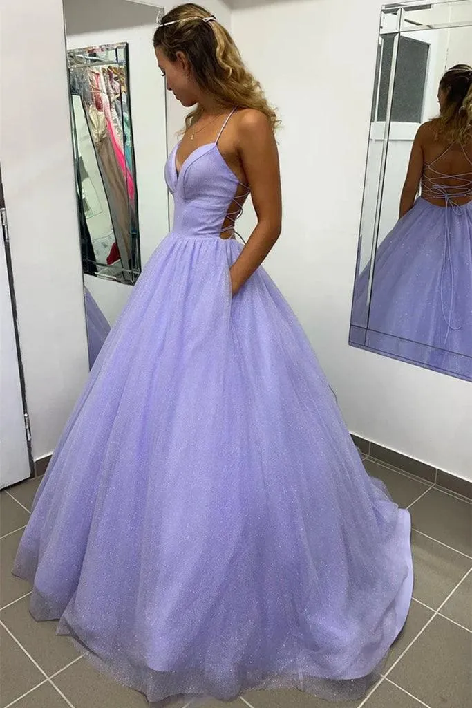 Shiny Lavender A Line V Neck Tulle Prom Formal Dress With Pocket PSK367