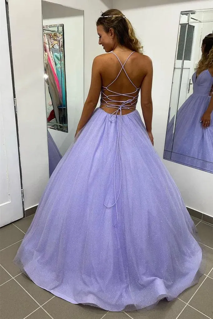 Shiny Lavender A Line V Neck Tulle Prom Formal Dress With Pocket PSK367