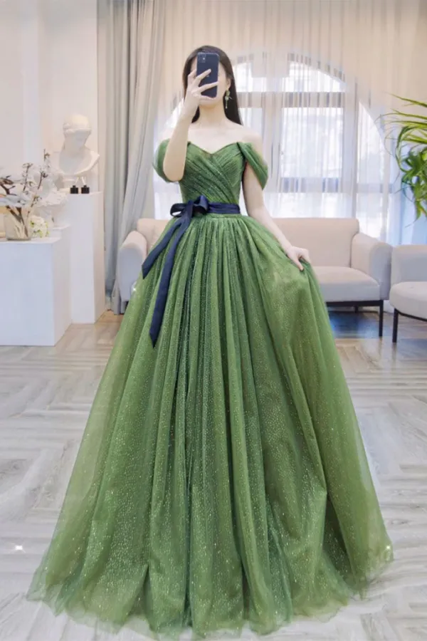 Shiny Tulle Off Shoulder Green Long Prom Dress, Off the Shoulder Formal Dress, Green Evening Dress APP0749