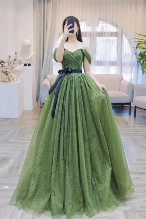 Shiny Tulle Off Shoulder Green Long Prom Dress, Off the Shoulder Formal Dress, Green Evening Dress APP0749