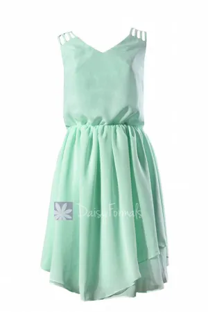 Short V-neck Chiffon Prom Dress Cocktail Mint Bridesmaid Dress w/ Cut-Out Shoulders(BM750)