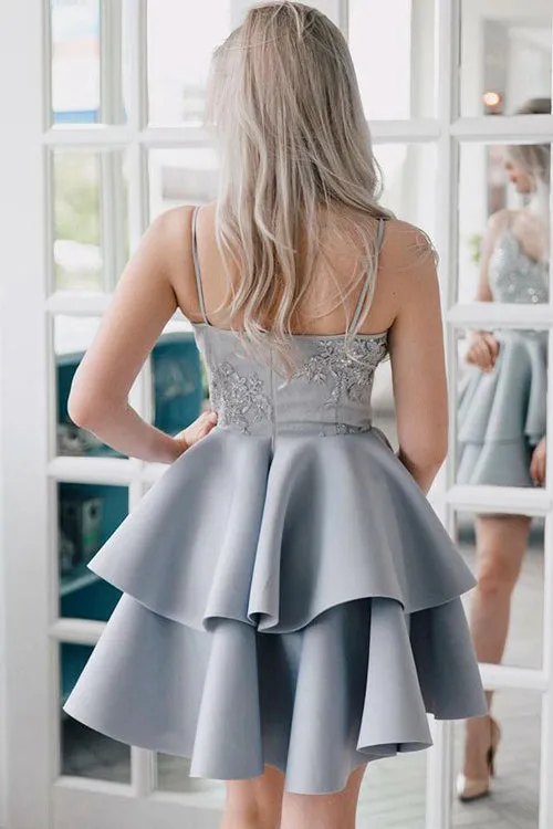 Silver Grey Lace Appliqued Spaghetti Strap Vintage Mini Homecoming Dresses, SH359
