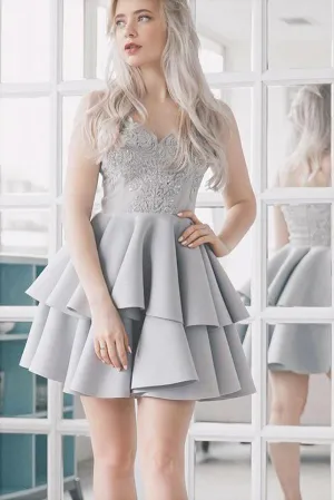 Silver Mini Grey Appliqued Spaghetti Strap Lace Vintage Homecoming Dress, MH337
