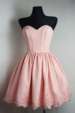 Simple A Line Strapless Sweetheart Short Pink Homecoming Dresses Ball Gown OK375