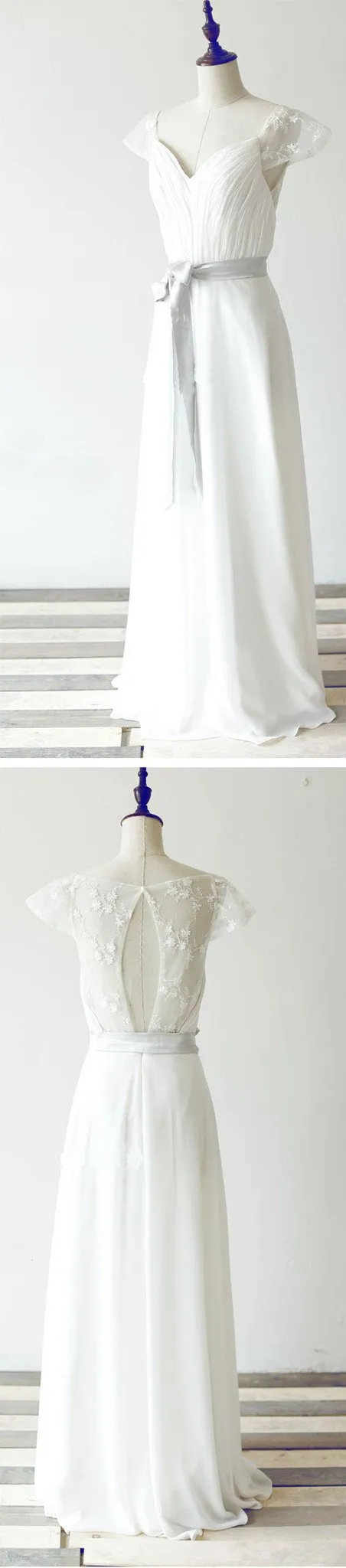 Simple Long A-line White Chiffon Wedding Party Dresses, Cap Sleeve Lace Bridal Gown, WD0062