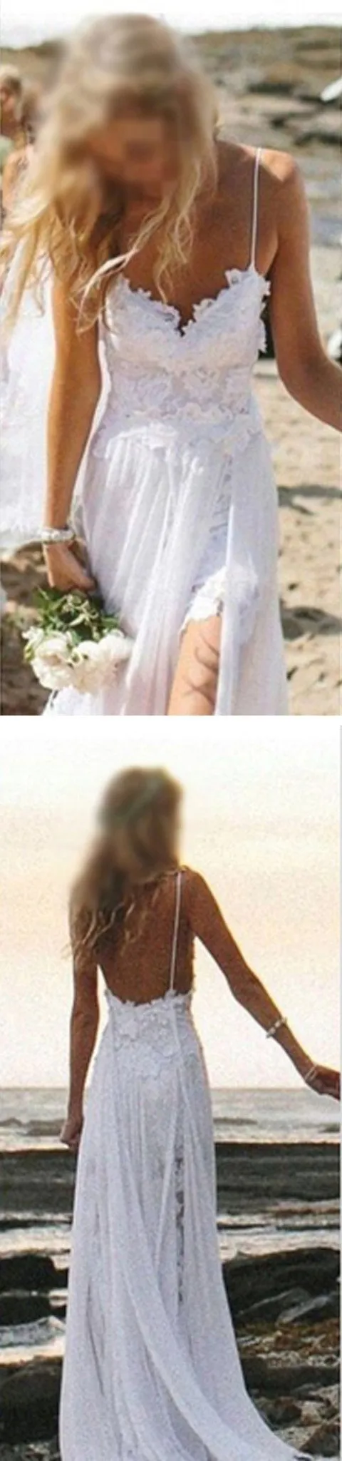 Simple Spaghetti White Lace Side Slit Wedding Dresses For Beach Wedding, WDY0102
