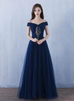 Simple Tulle Navy Blue Prom Dress, Sweetheart Off Shoulder Bridesmaid Dress