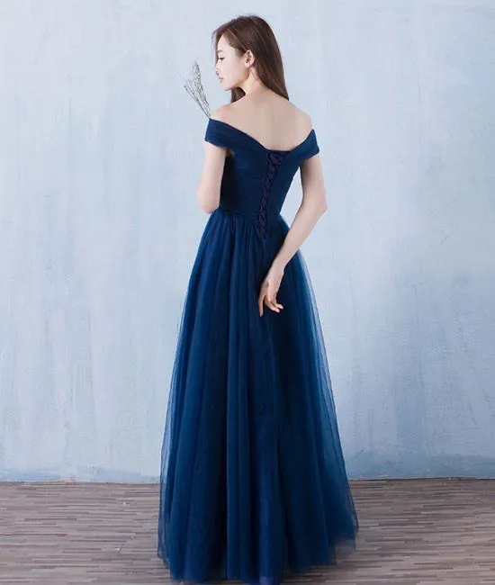 Simple Tulle Navy Blue Prom Dress, Sweetheart Off Shoulder Bridesmaid Dress
