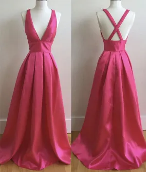 Simple v neck long prom dress, evening dress, formal dress