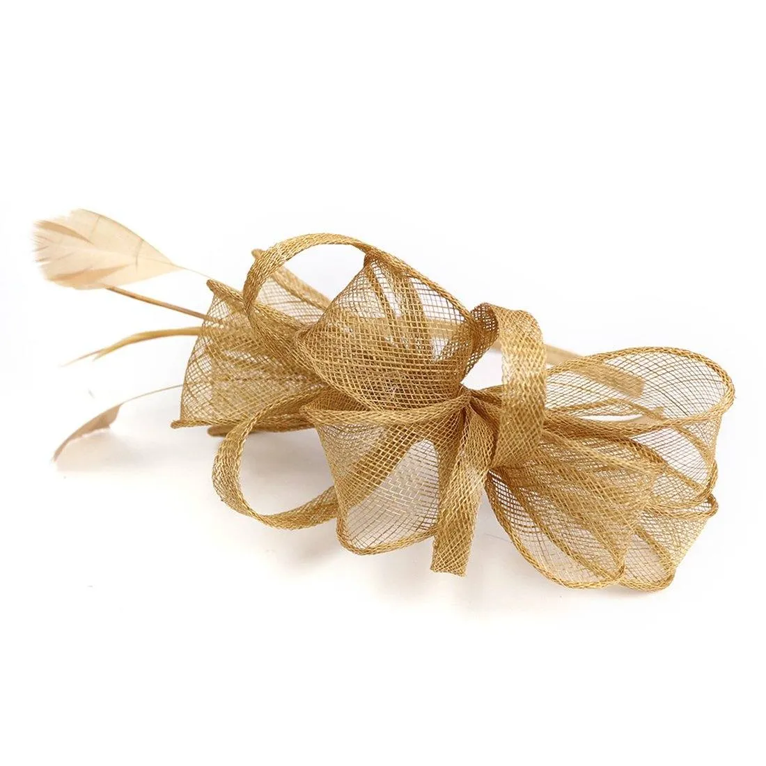 Sinamay Vintage Women Gold Fascinator Derby Hat Feather With Headband