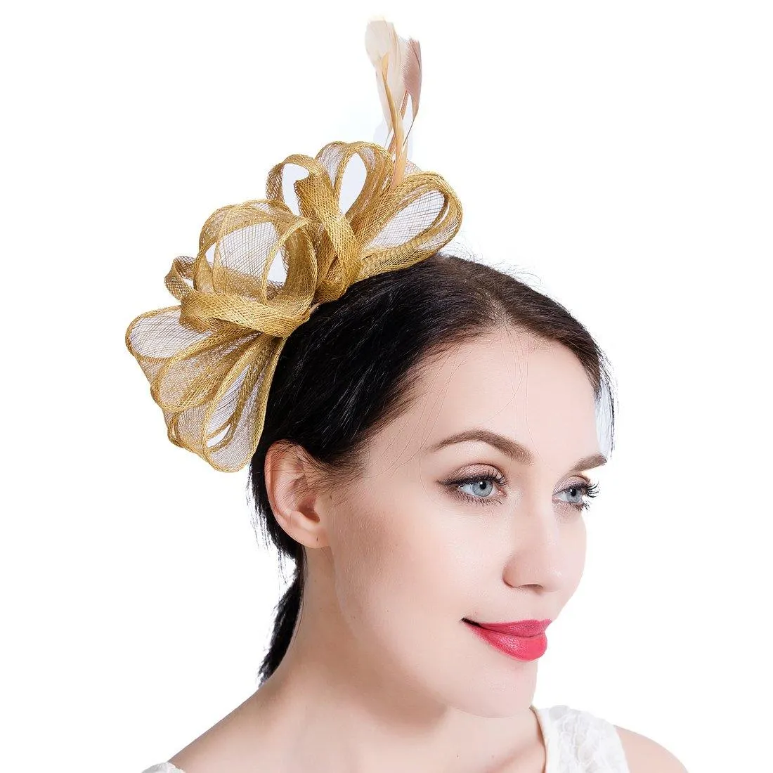 Sinamay Vintage Women Gold Fascinator Derby Hat Feather With Headband