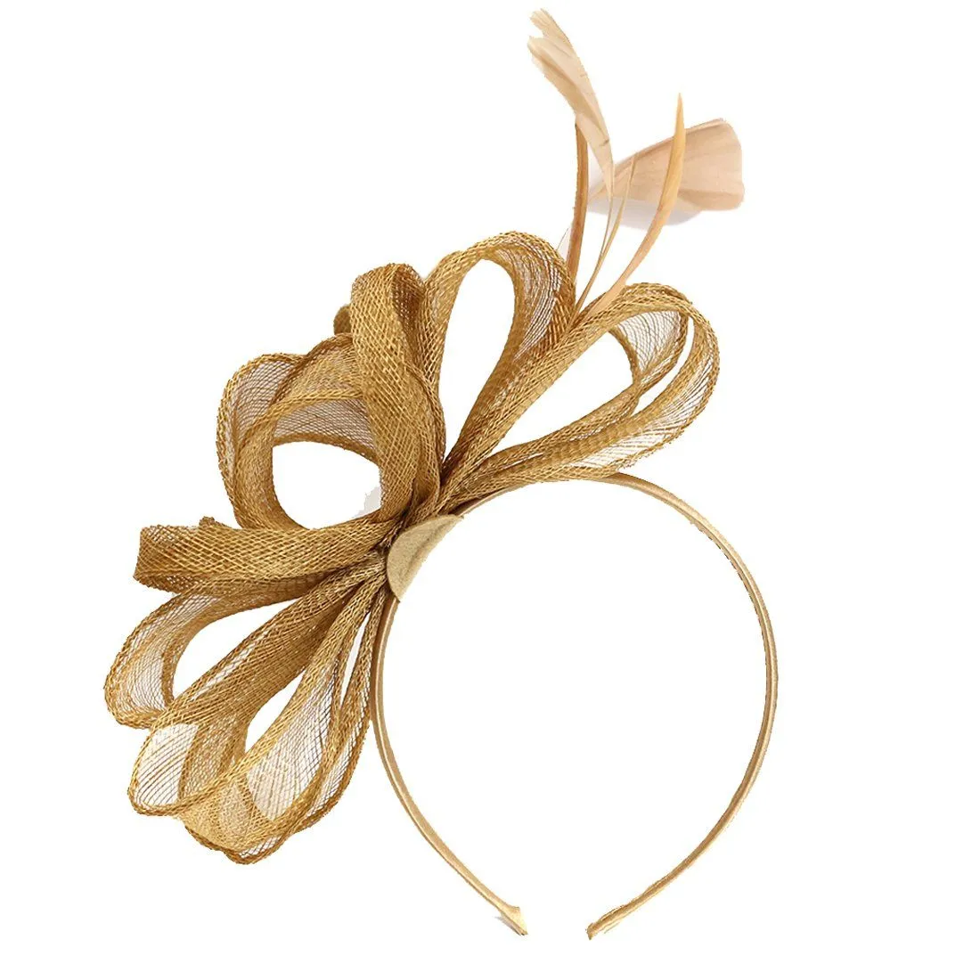 Sinamay Vintage Women Gold Fascinator Derby Hat Feather With Headband