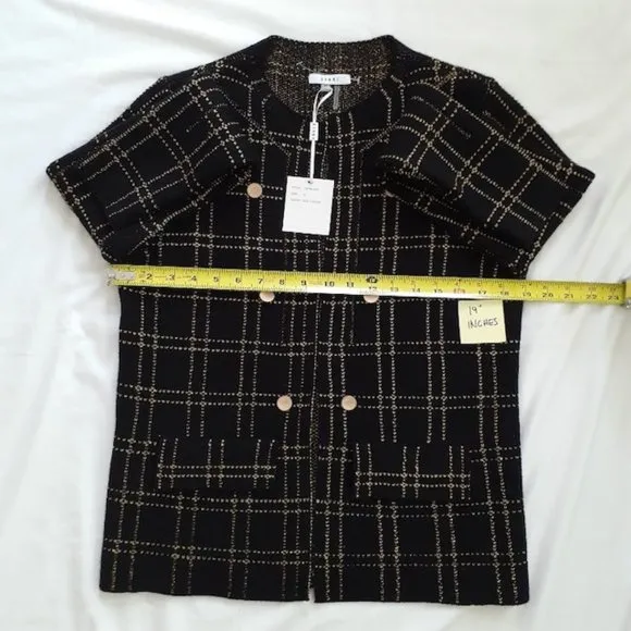 Sioni Knit Black with Golden Metallic Shimmer Windowpain Plaid Sweater Jacket M