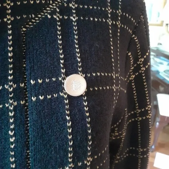 Sioni Knit Black with Golden Metallic Shimmer Windowpain Plaid Sweater Jacket M