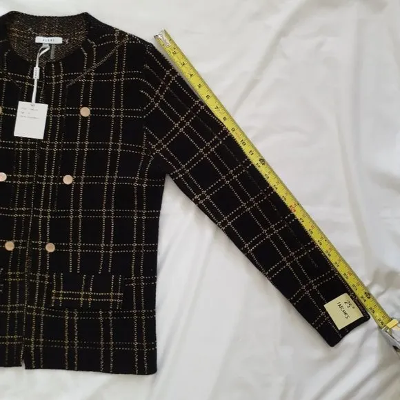 Sioni Knit Black with Golden Metallic Shimmer Windowpain Plaid Sweater Jacket M