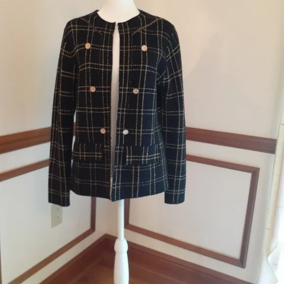 Sioni Knit Black with Golden Metallic Shimmer Windowpain Plaid Sweater Jacket M