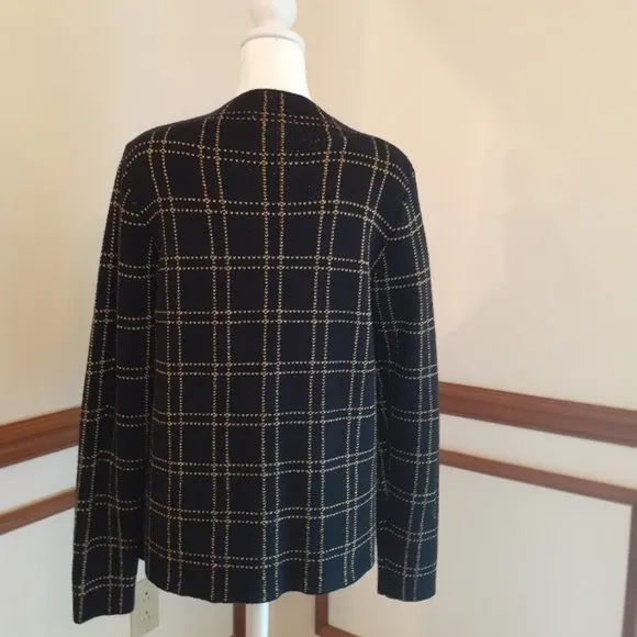 Sioni Knit Black with Golden Metallic Shimmer Windowpain Plaid Sweater Jacket M