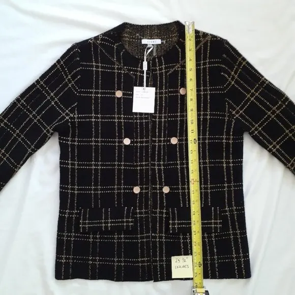 Sioni Knit Black with Golden Metallic Shimmer Windowpain Plaid Sweater Jacket M