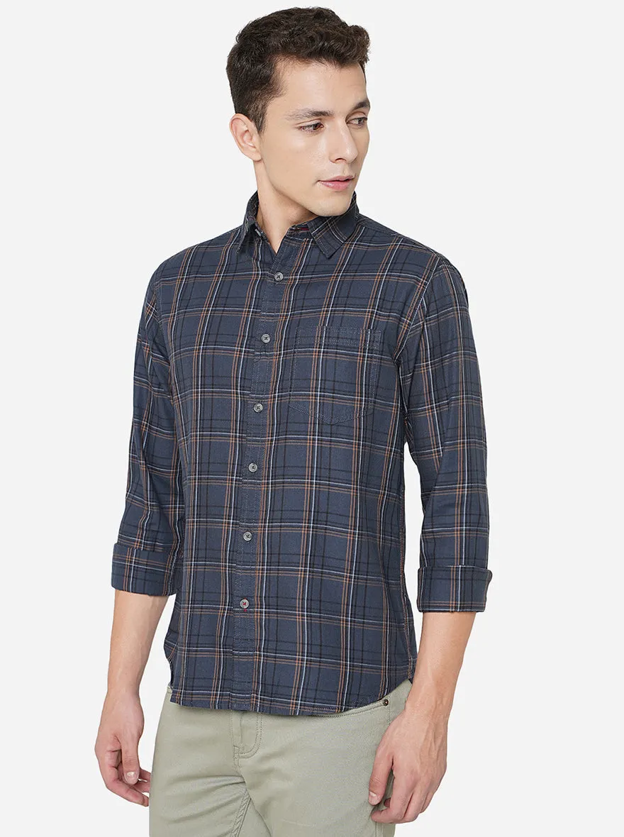 Slate Blue Checked Slim Fit Semi Casual Shirt | Greenfibre