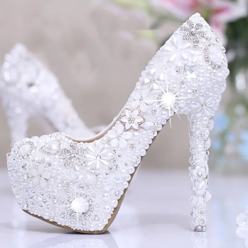 Snow White Elegant Pearl Wedding Shoes Party Prom Platform High Heels Event Pumps Women Shoes Rhinestone Crystal Dress Shoes