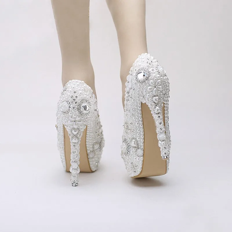 Snow White Elegant Pearl Wedding Shoes Party Prom Platform High Heels Event Pumps Women Shoes Rhinestone Crystal Dress Shoes