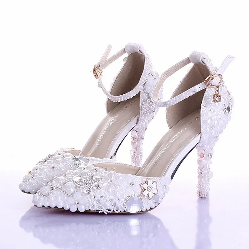 Snow White Elegant Pearl Wedding Shoes Party Prom Platform High Heels Event Pumps Women Shoes Rhinestone Crystal Dress Shoes