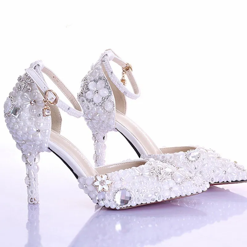 Snow White Elegant Pearl Wedding Shoes Party Prom Platform High Heels Event Pumps Women Shoes Rhinestone Crystal Dress Shoes