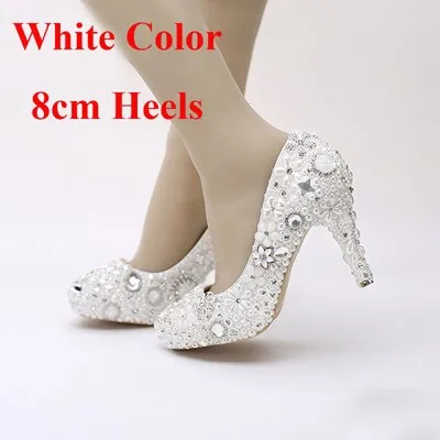 Snow White Elegant Pearl Wedding Shoes Party Prom Platform High Heels Event Pumps Women Shoes Rhinestone Crystal Dress Shoes