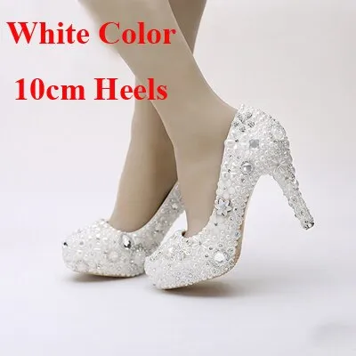 Snow White Elegant Pearl Wedding Shoes Party Prom Platform High Heels Event Pumps Women Shoes Rhinestone Crystal Dress Shoes
