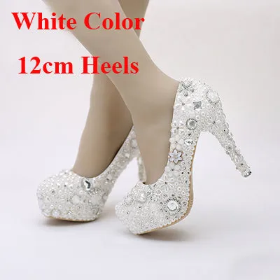 Snow White Elegant Pearl Wedding Shoes Party Prom Platform High Heels Event Pumps Women Shoes Rhinestone Crystal Dress Shoes