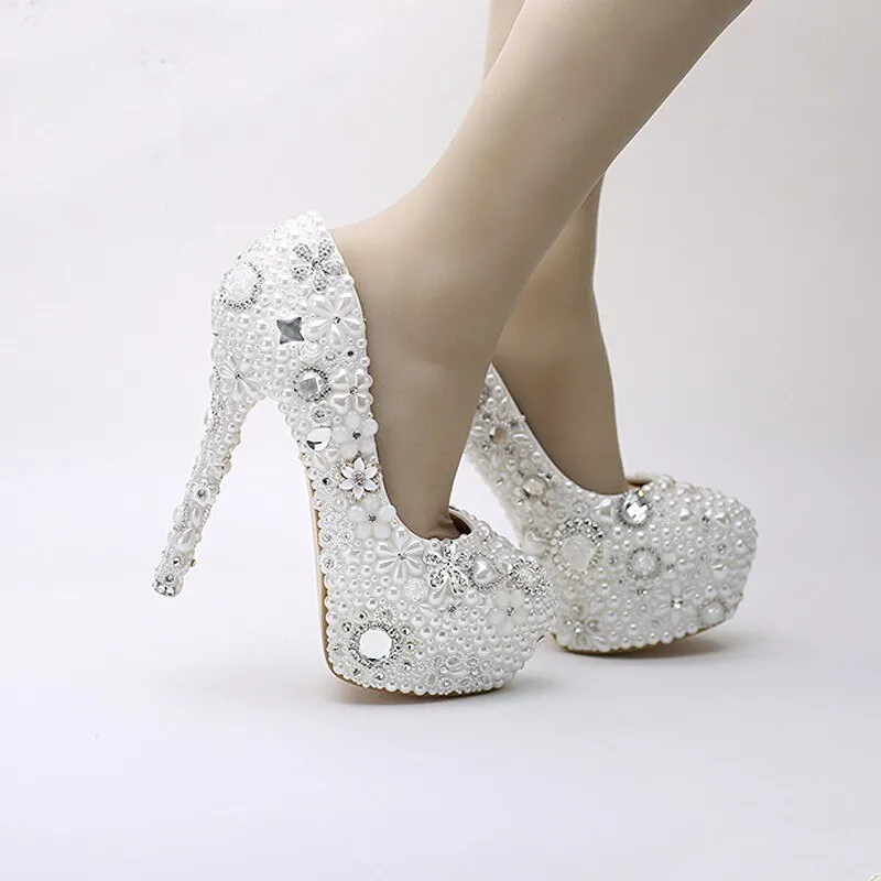 Snow White Elegant Pearl Wedding Shoes Party Prom Platform High Heels Event Pumps Women Shoes Rhinestone Crystal Dress Shoes