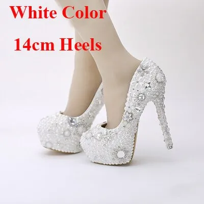 Snow White Elegant Pearl Wedding Shoes Party Prom Platform High Heels Event Pumps Women Shoes Rhinestone Crystal Dress Shoes